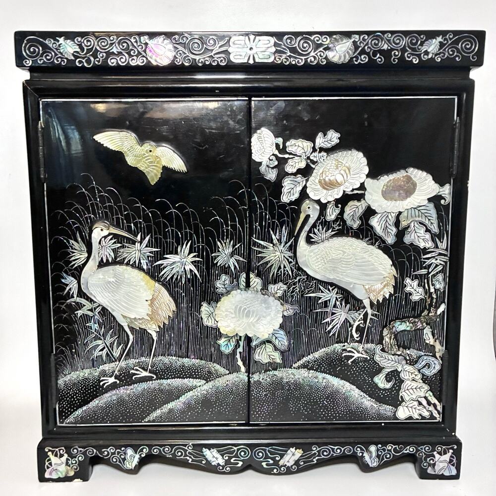 Vintage Chinese Mother of Pearl Inlay Jewelry Cabinet Lacquer Crane Box